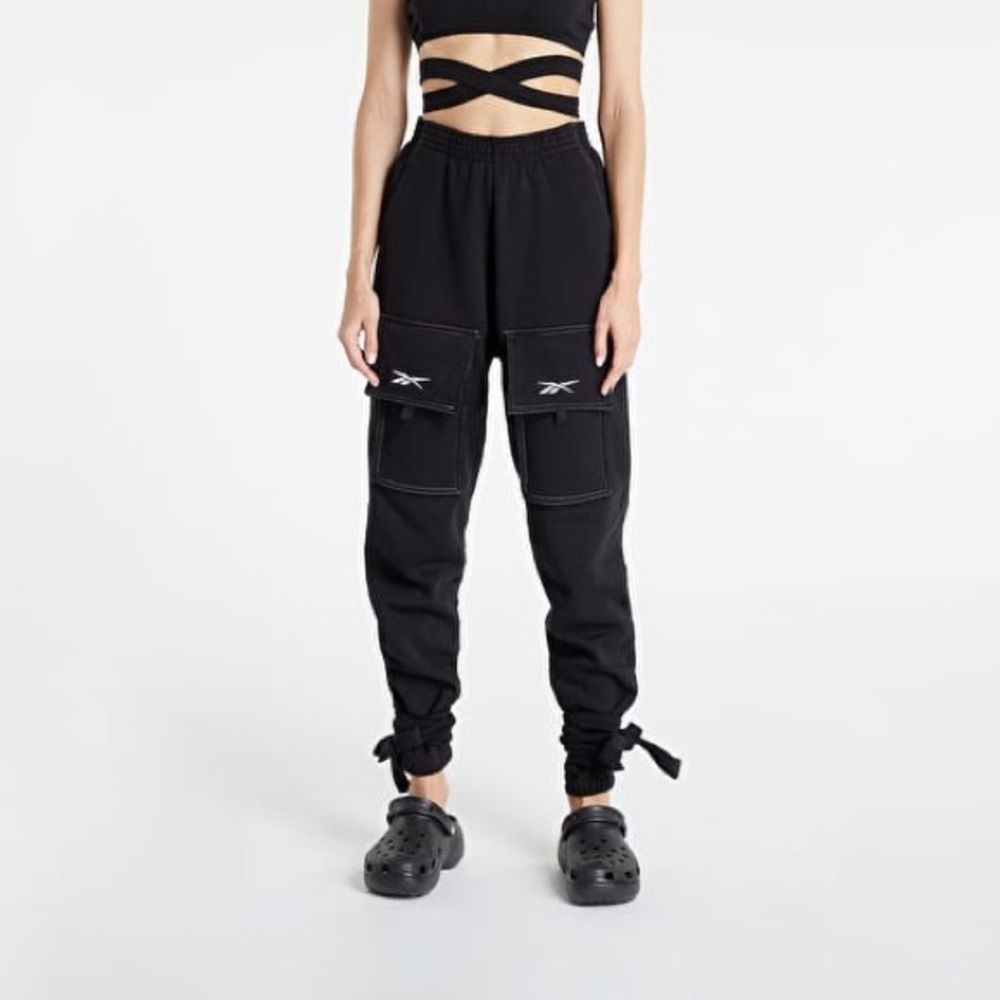 Reebok x Cardi B Knit Cargo Joggers Black White Tie Waist Ankle Accents Size S